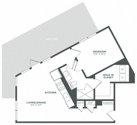 Floor plan for 1 bed, 1 bath, 720 sqft